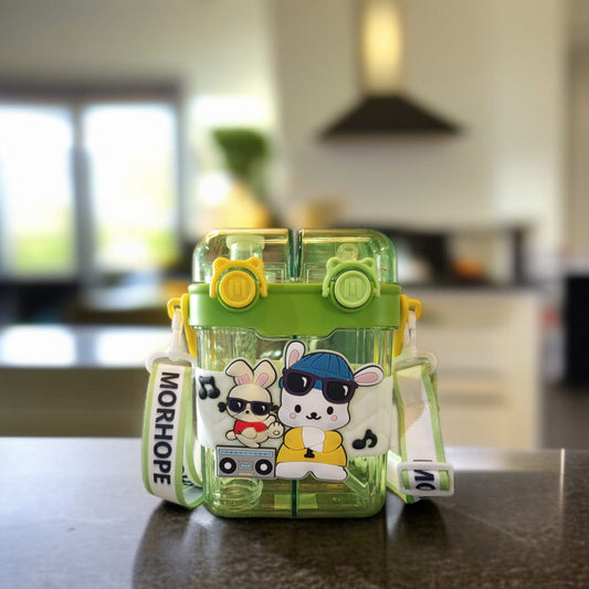 Double Drinking Water Bottle with Straw and Strap-Green