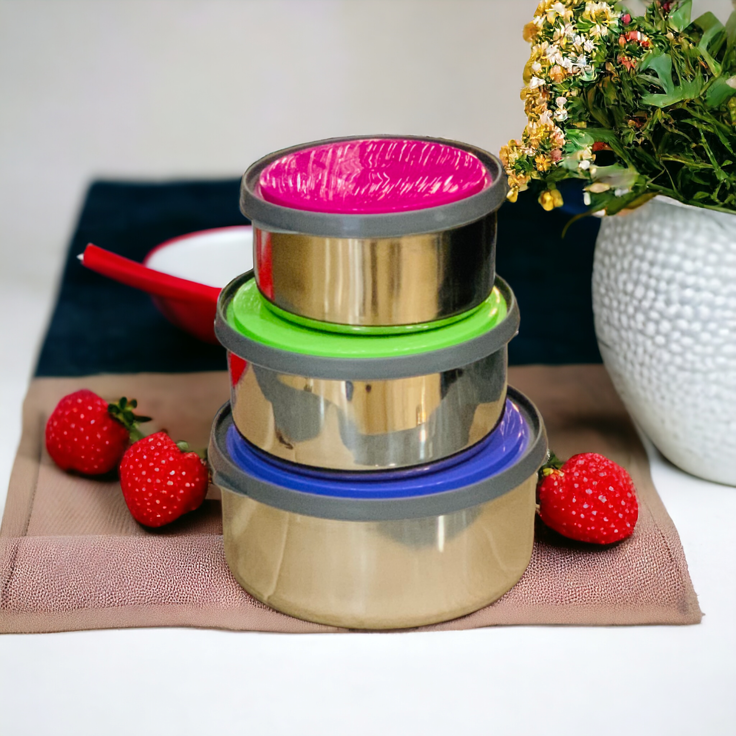 Stainless Steel Bowls Silicon Lids Lunch Box Leak-Proof 3pcs
