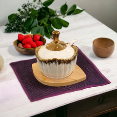 Golden Sugar Pot with Wooden Tray