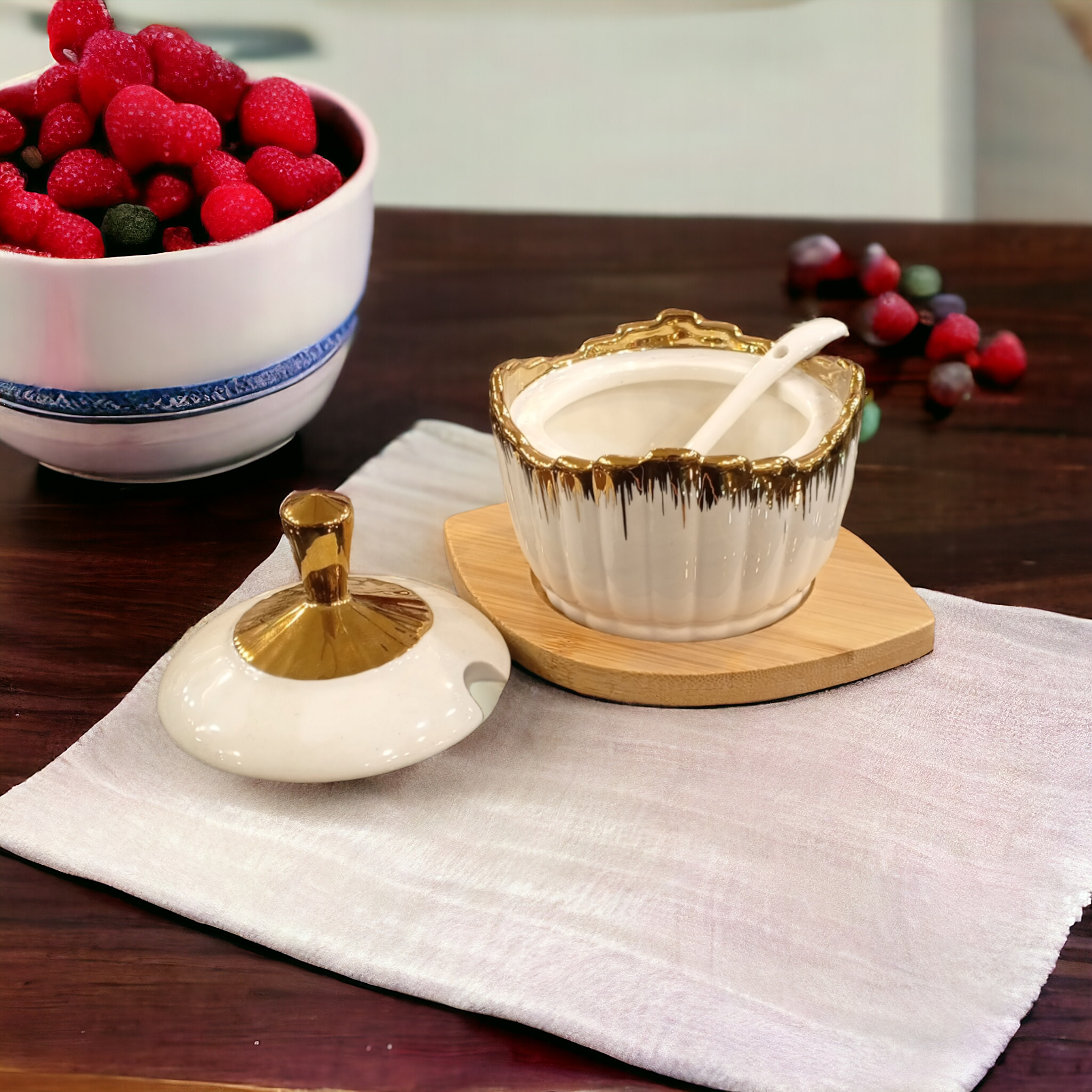 Golden Sugar Pot with Wooden Tray