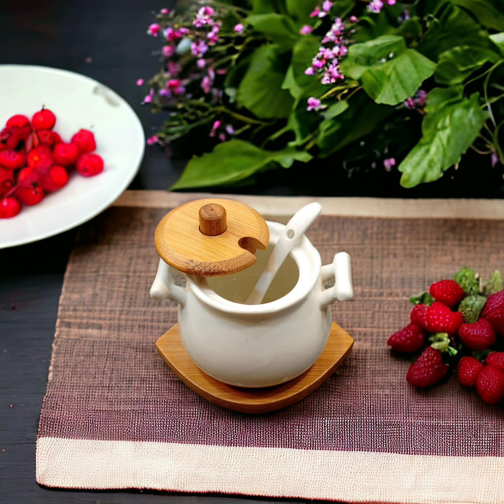 Sugar Pot with Wooden Lid & Tray