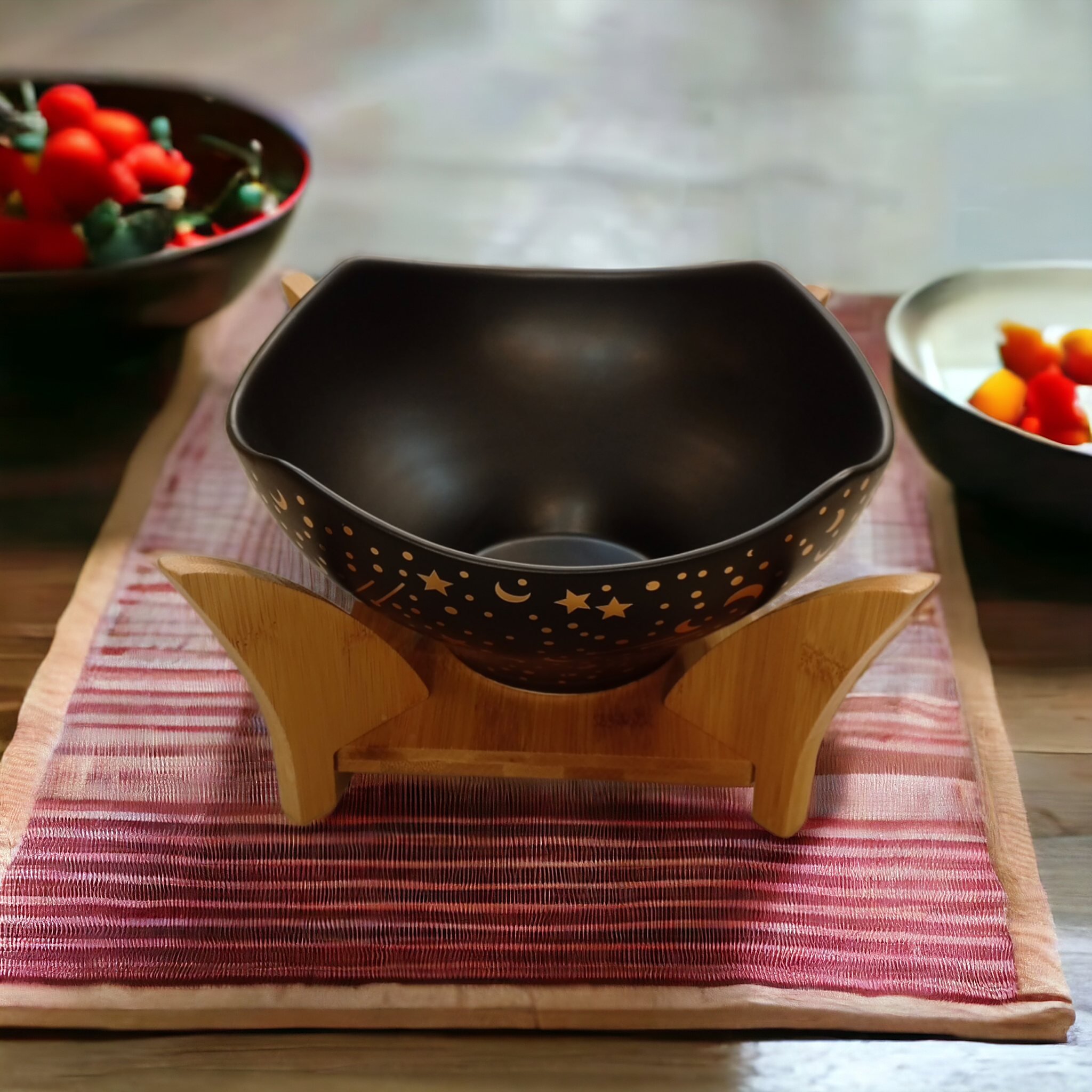 Ceramic Bowl with Wooden Stand D2-Black