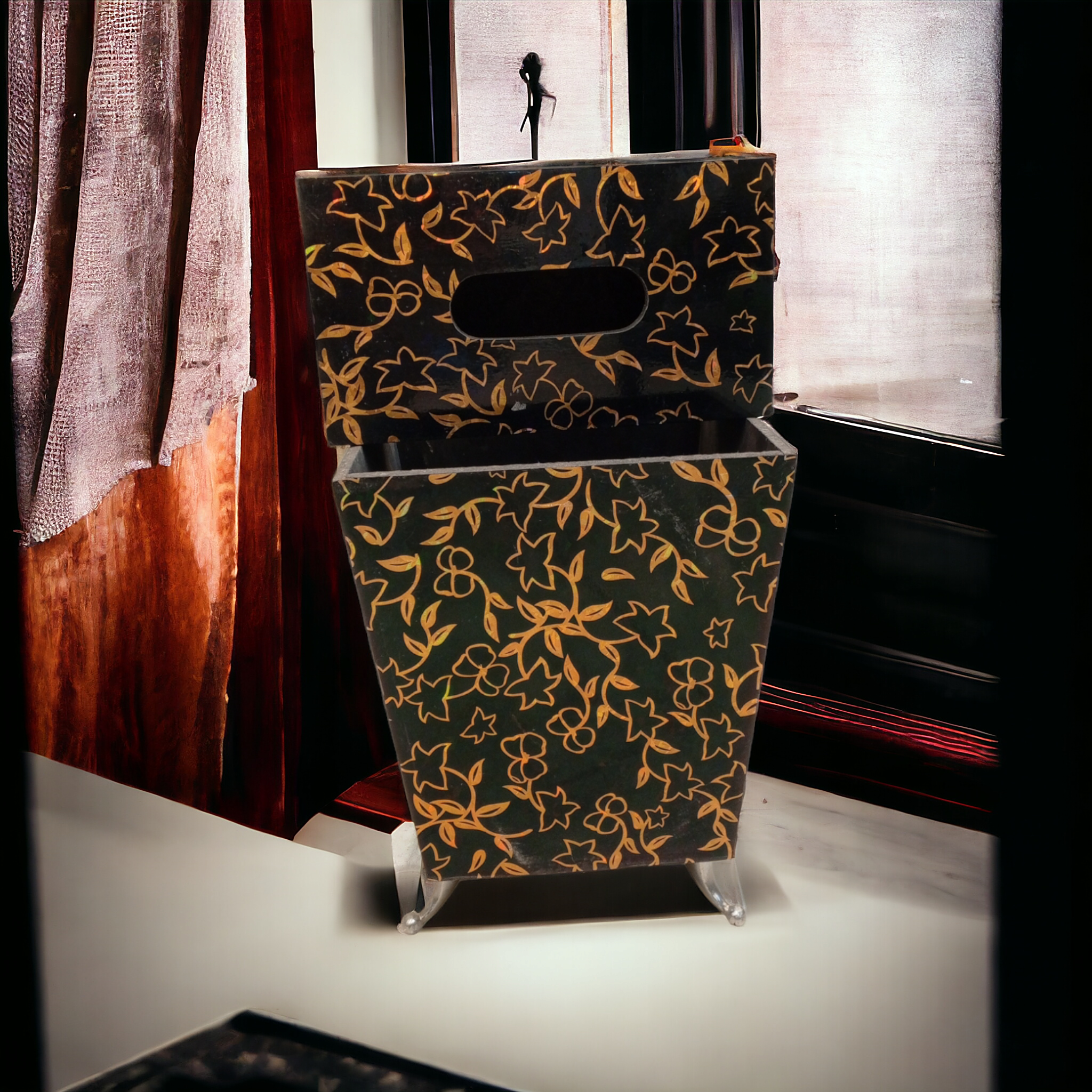 Wooden Dustbin and Tissue Box Set -D1