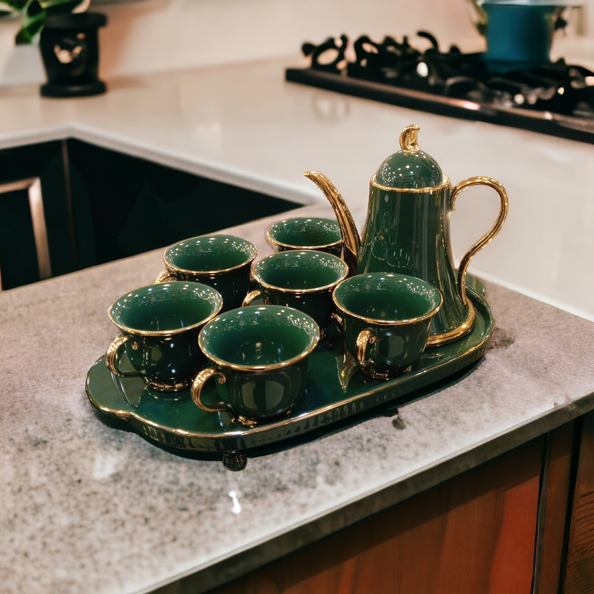 Ceramic Coffee Set With Tray-Green