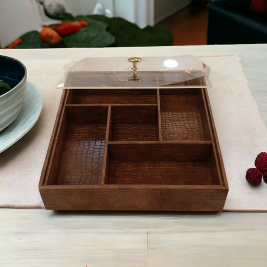 5 Grid Leather Dry Fruit Tray With Lid-Brown