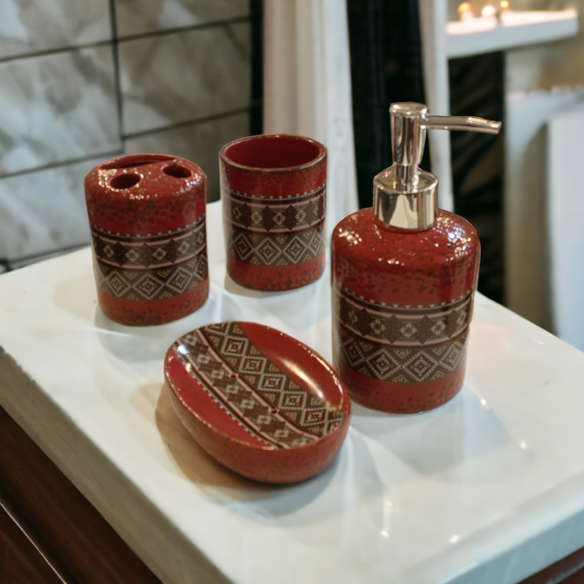 4 Pc Ceramic Bath Set-Red