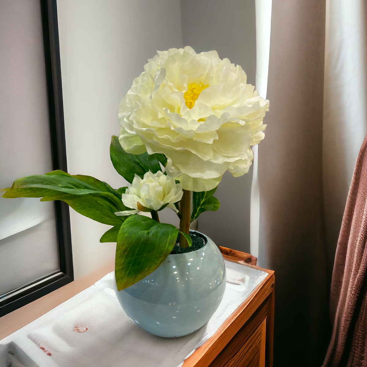 White Peony flower with Blue Pot