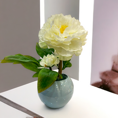 White Peony flower with Blue Pot