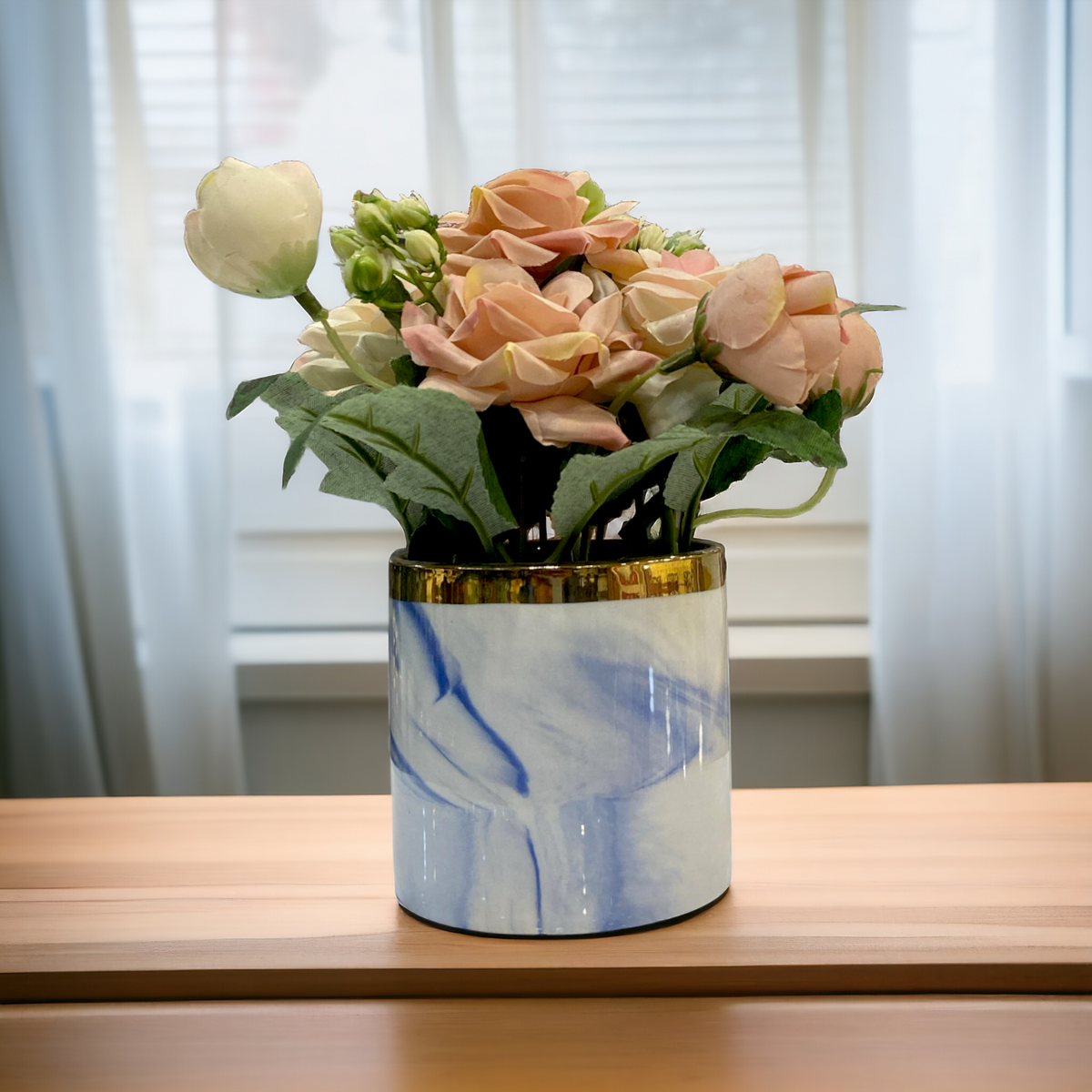 Artificial Pink Rose with Blue Pot