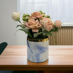 Artificial Pink Rose with Blue Pot