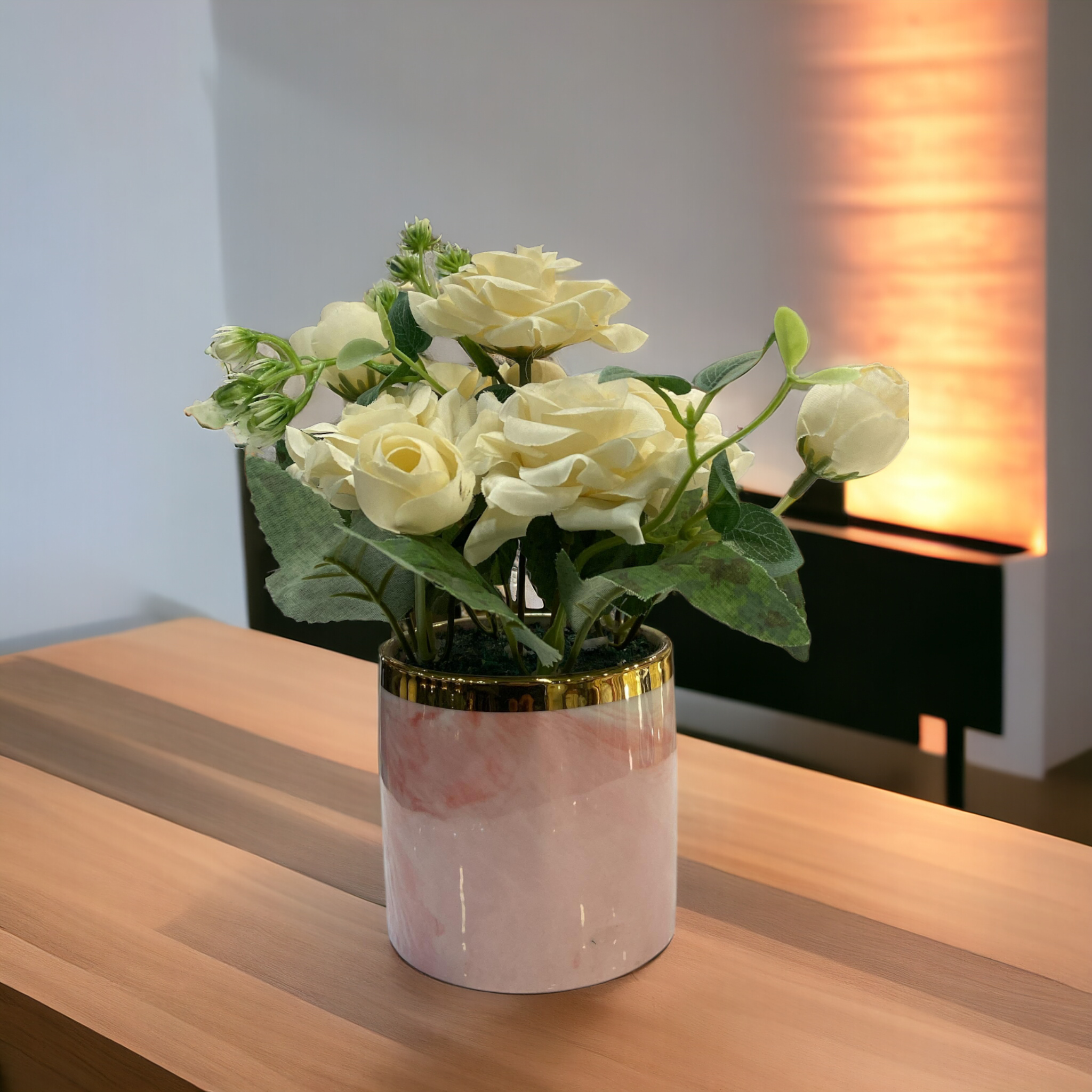 Artificial White Rose with Pink Pot