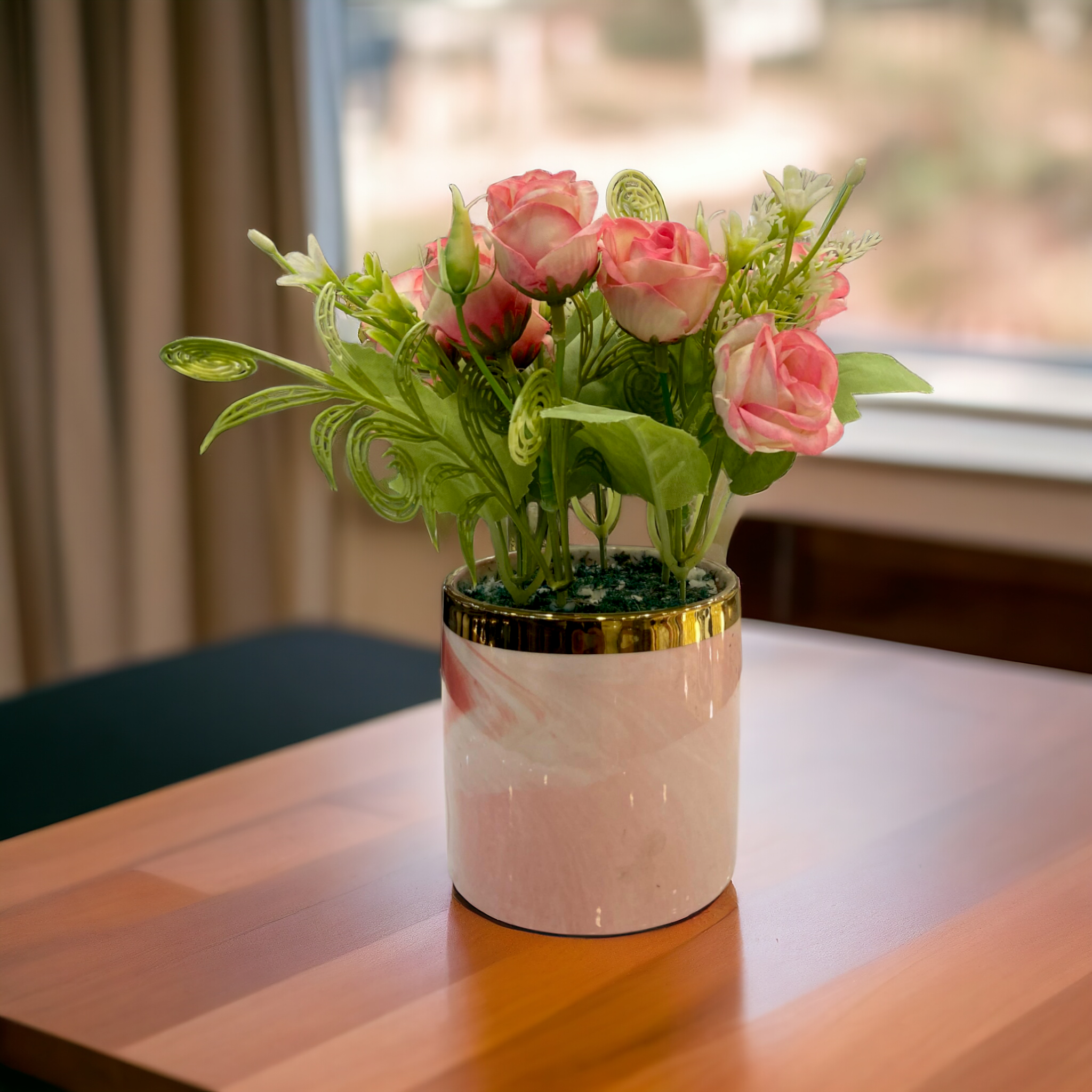 Artificial Light Pink Rose Pink Pot