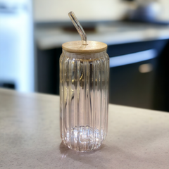 1 Pc Glass Jar wooden Lid With Straw -Small