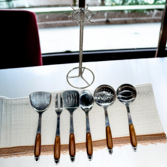 7 Pcs Stainless Steel Kitchen Set (Wooden Handle)