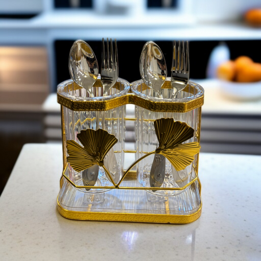2 Partition Acrylic With Golden Stand Spoon Holder