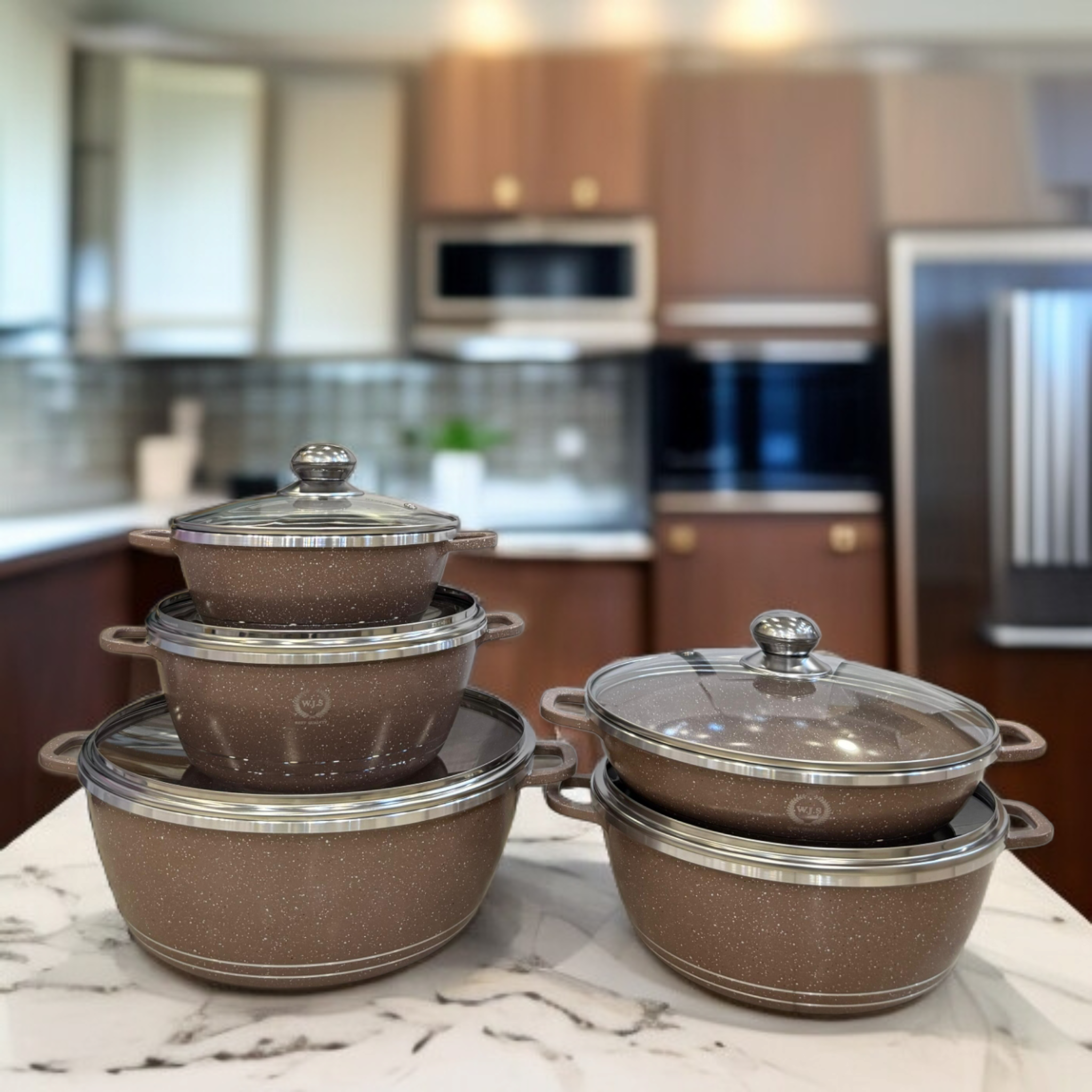 W.J.S 10 Pcs Die Casting Cookware Set-Light Brown