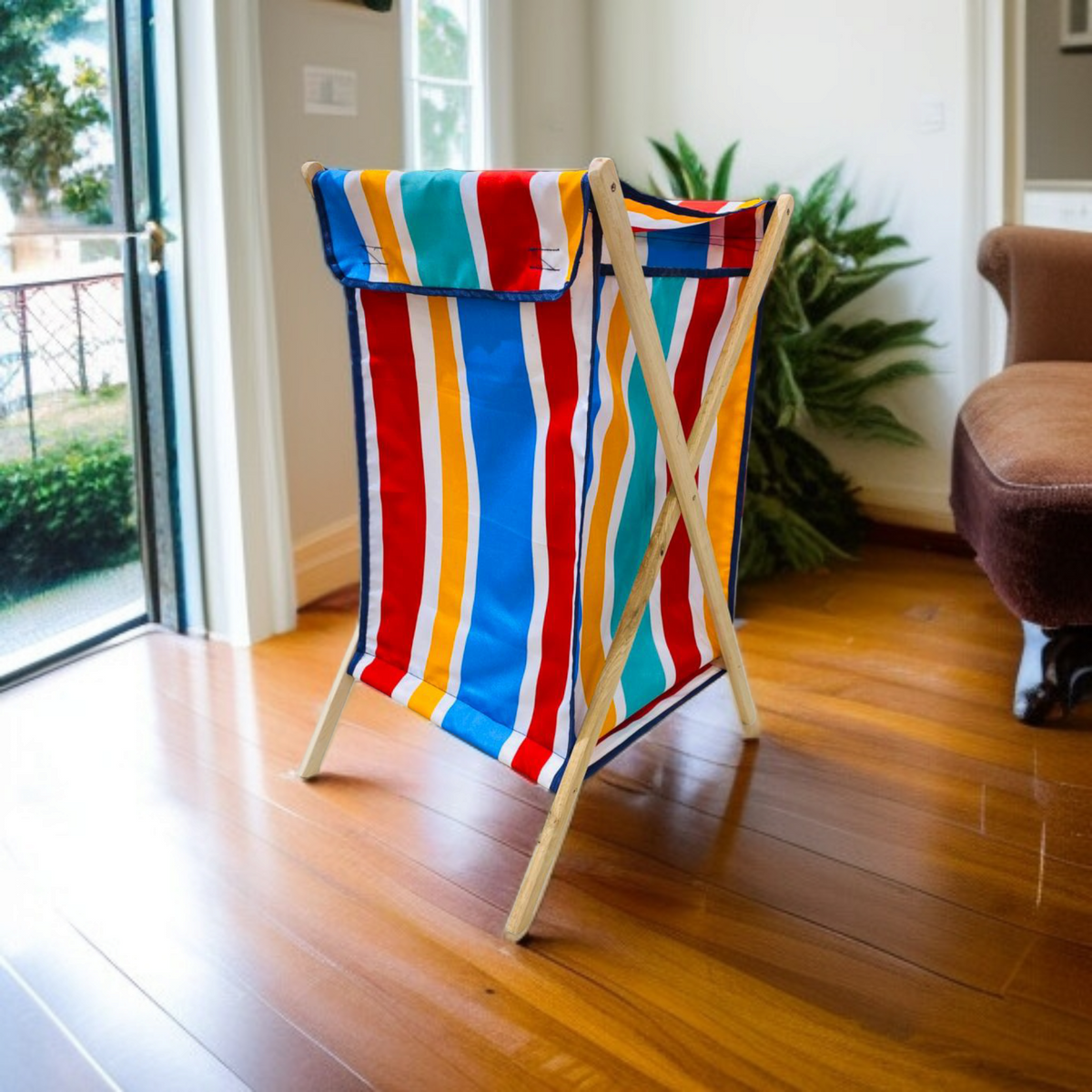 Foldable X-Frame Wooden Fabric Laundery Basket D2
