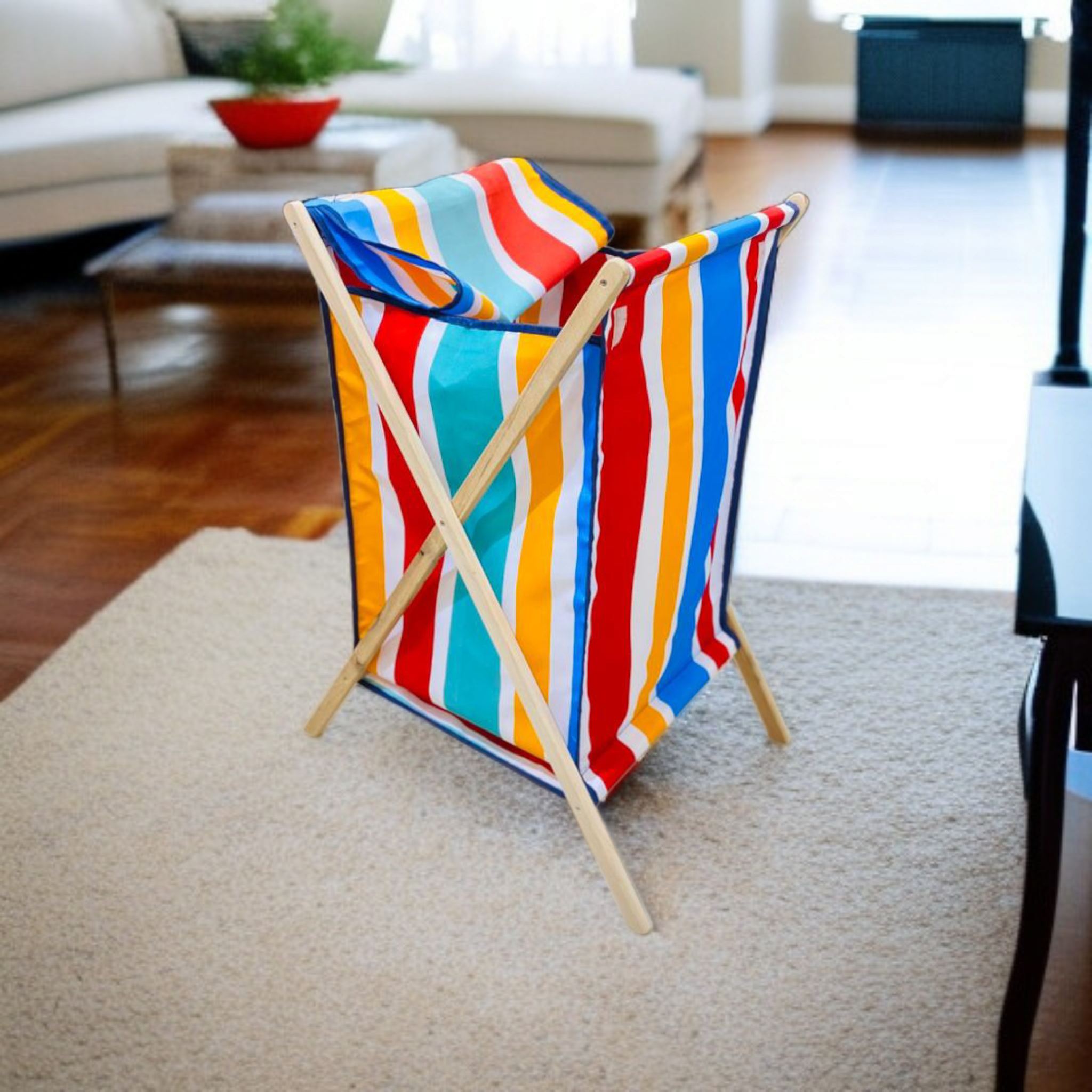 Foldable X-Frame Wooden Fabric Laundery Basket D2
