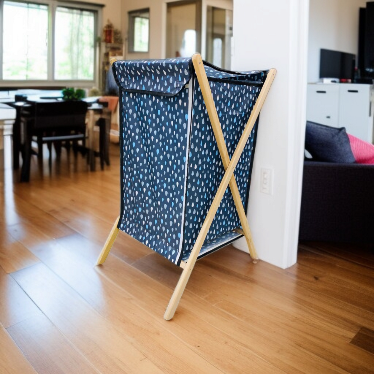 Foldable X-Frame Wooden Fabric Laundery Basket D1