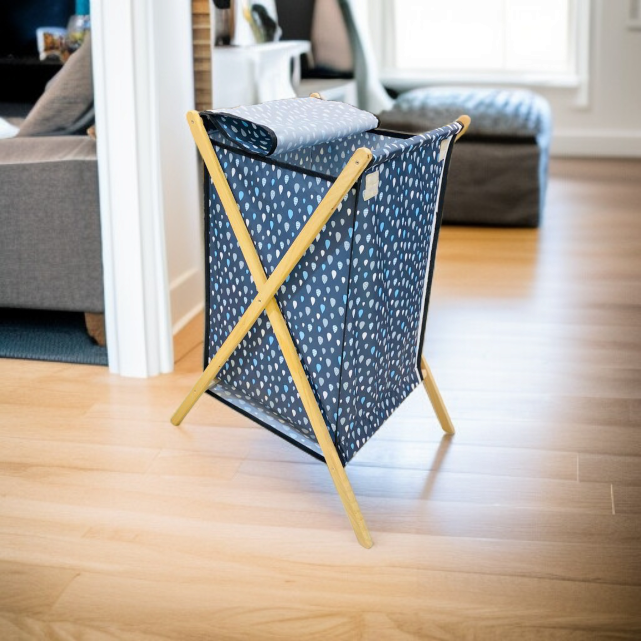 Foldable X-Frame Wooden Fabric Laundery Basket D1