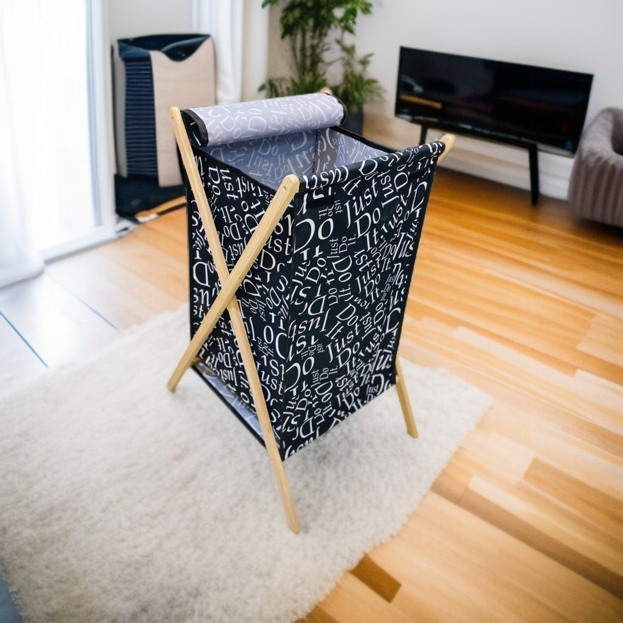 Foldable X-Frame Wooden Fabric Laundery Basket D6