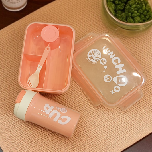 3 Compartment Lunch Box with Bottle-Pink