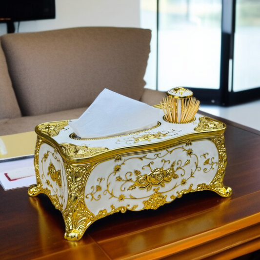 Elegant Tissue Box with Toothpick Holder-White