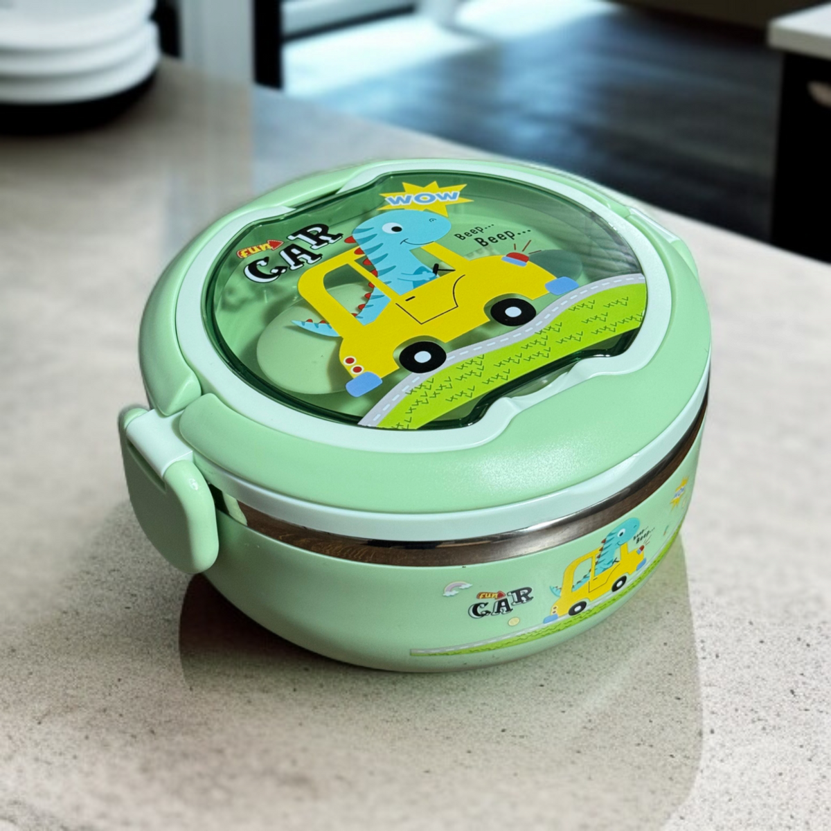 Round Cartoon Printed Lunch Box-Green