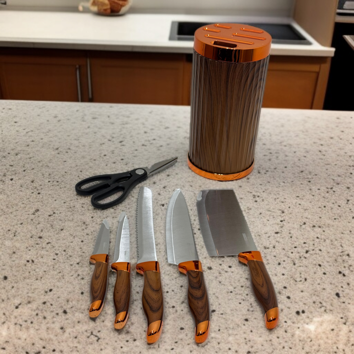 Knife Set with Stand Round-Brown