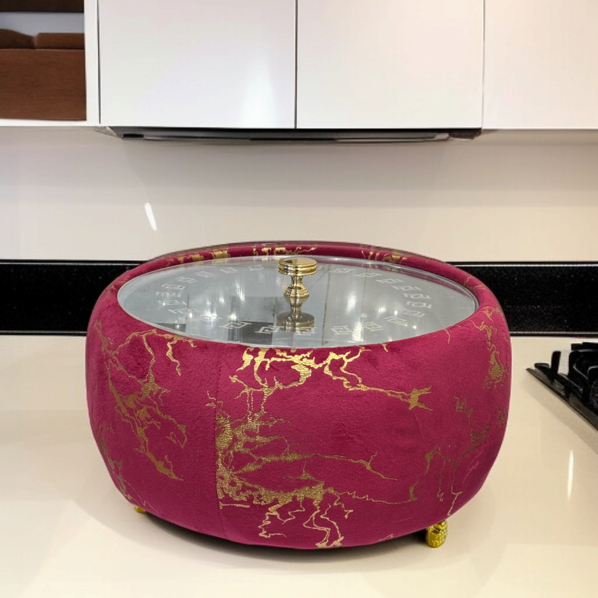 Printed Stainless Steel Velvet Naan Box-Mehroon