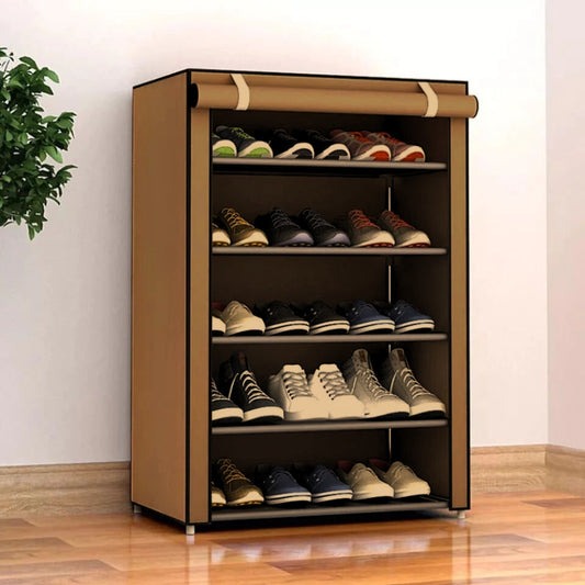 5 Tier Shoe Rack With Dustproof Cover-Brown