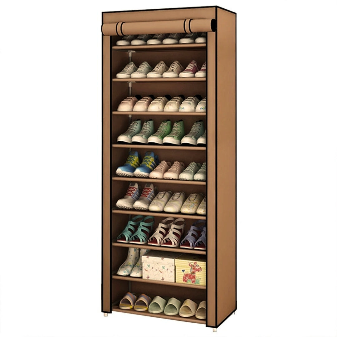 9 Tier Shoe Rack With Dustproof Cover-Brown