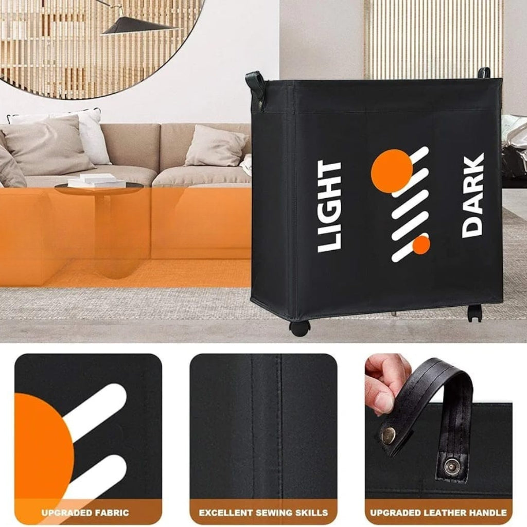 3 Section Laundry Basket with Wheels-Black
