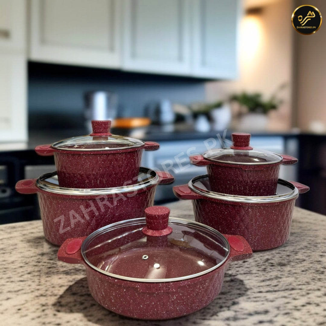 W.J.S 10 Pcs Granite Cookware Set-Mehroon