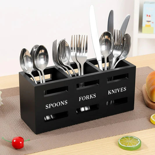 3 Compartments Wooden Utensil Holder
