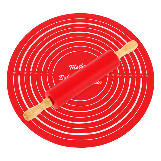 Set of Silicone Rolling Pin with Baking Sheet -Red
