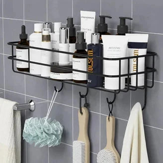 Wall Mounted Rectangle Metal Shelf with Hooks (Black)