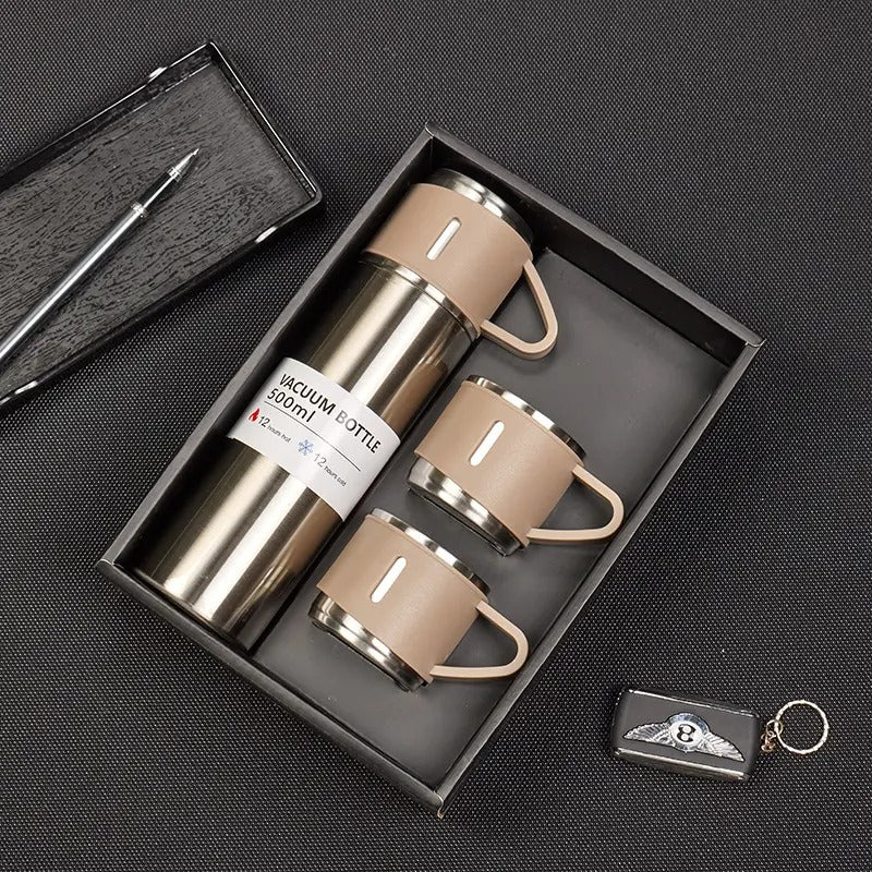 3 Cup Double-Layer Stainless Steel Vacuum Flask Set - Brown