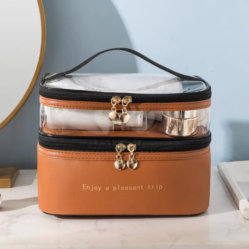 Double Layer Cosmetic Pouch-Brown