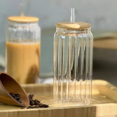1 Pc Glass Jar wooden Lid With Straw -Small