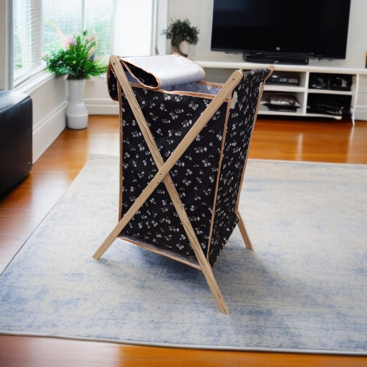 Foldable X-Frame Wooden Fabric Laundery Basket D4