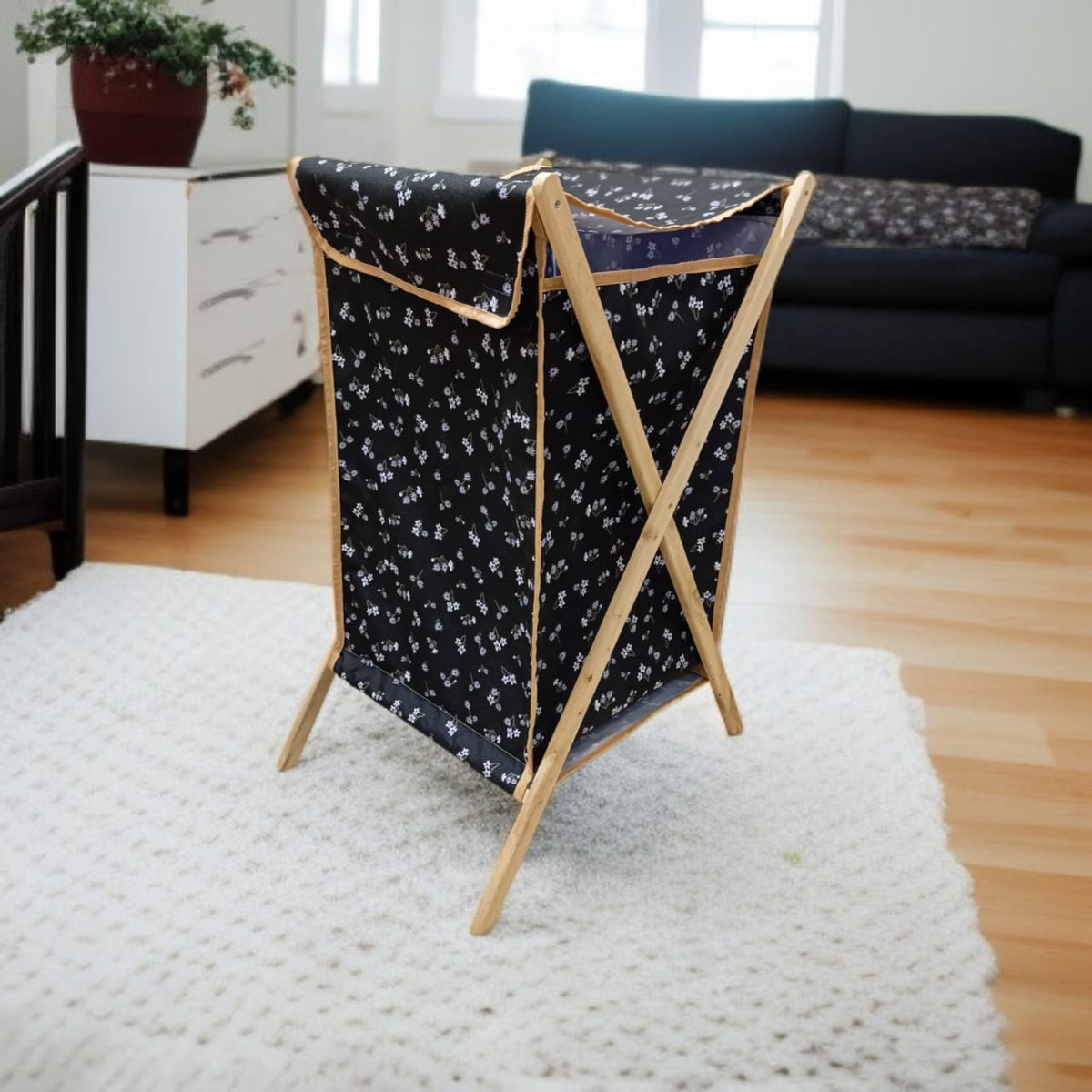 Foldable X-Frame Wooden Fabric Laundery Basket D4