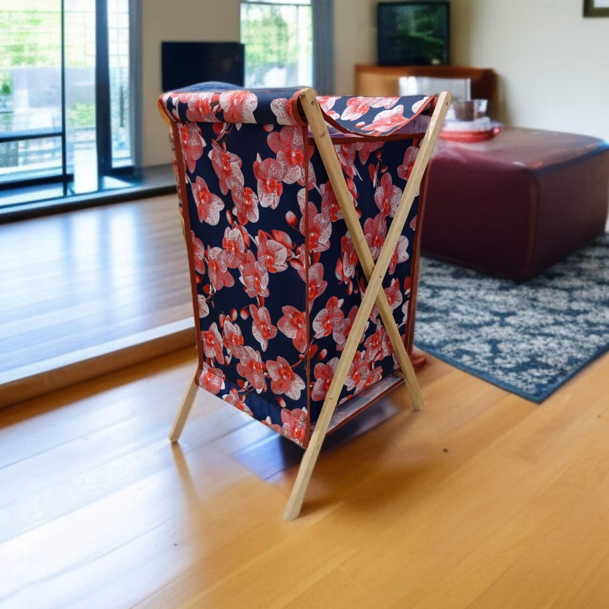 Foldable X-Frame Wooden Fabric Laundery Basket D5