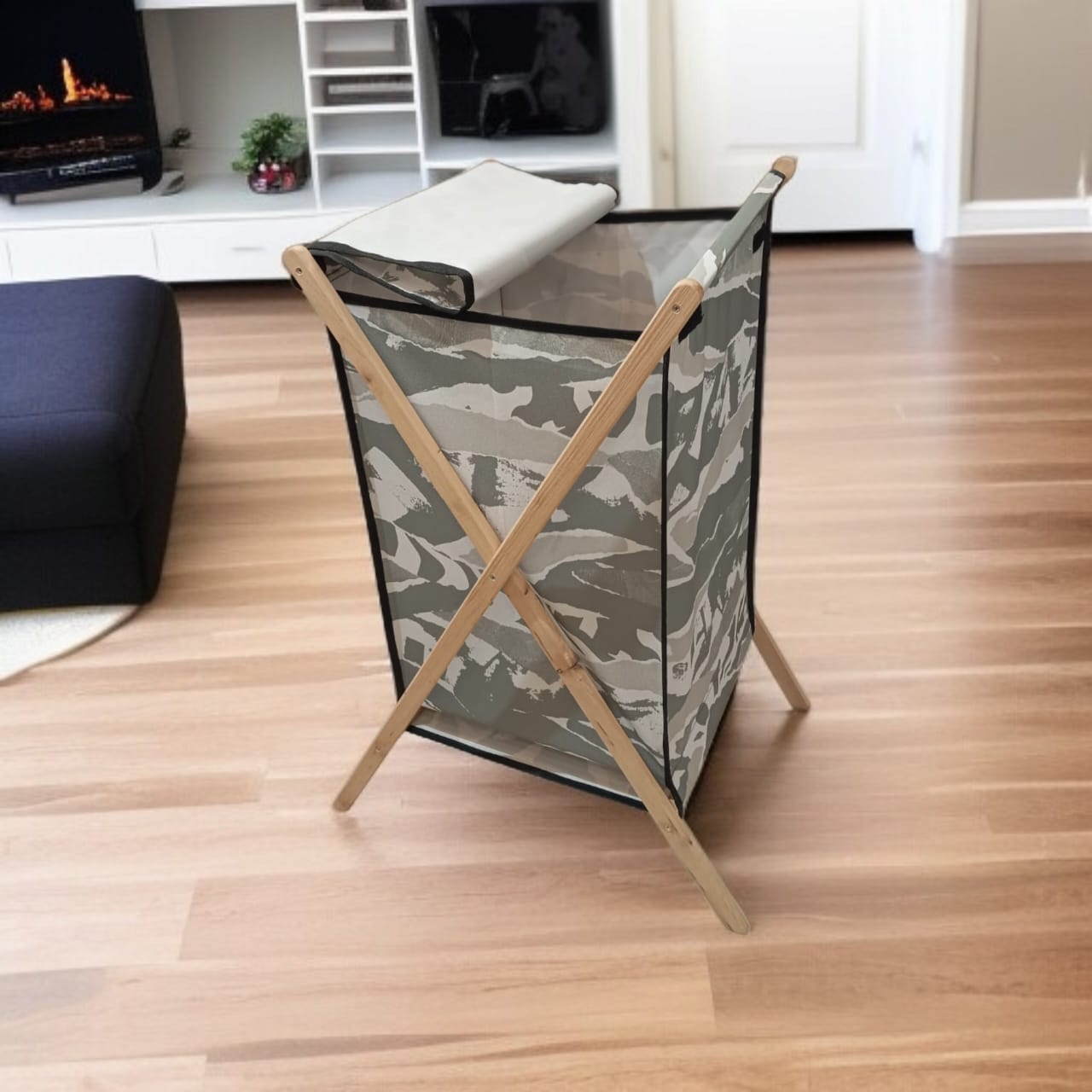 Foldable X-Frame Wooden Fabric Laundery Basket D3