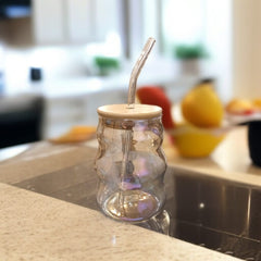 1 Pc Glass Jar wooden Lid With Straw