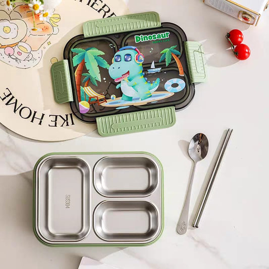 3-Compartment Stainless Steel Lunch Box-Green