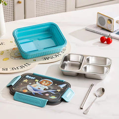 3-Compartment Stainless Steel Lunch Box-Blue