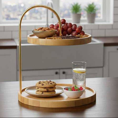 2 Tier Round Wooden Tray