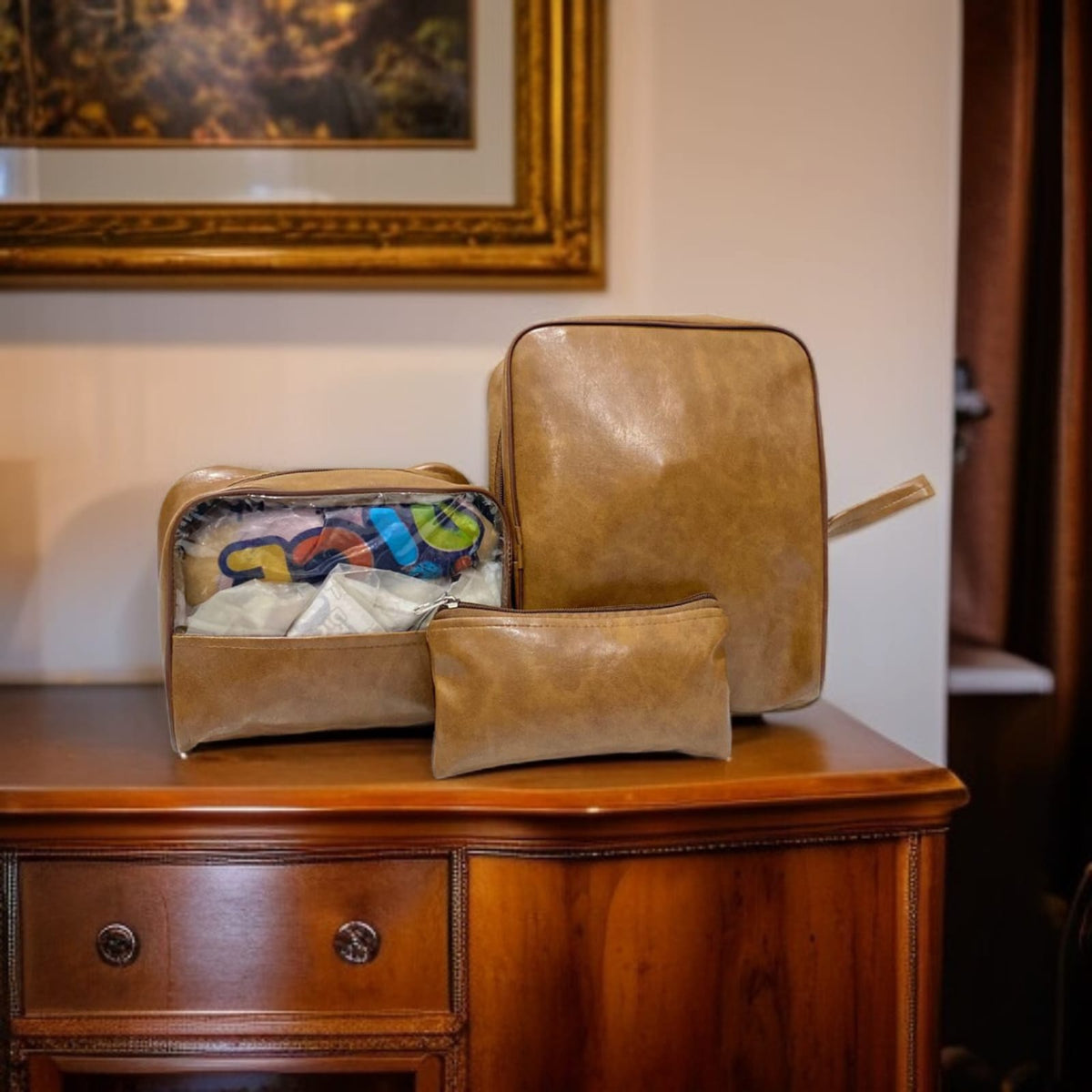 Set Of 3 Leather Travel Pouches