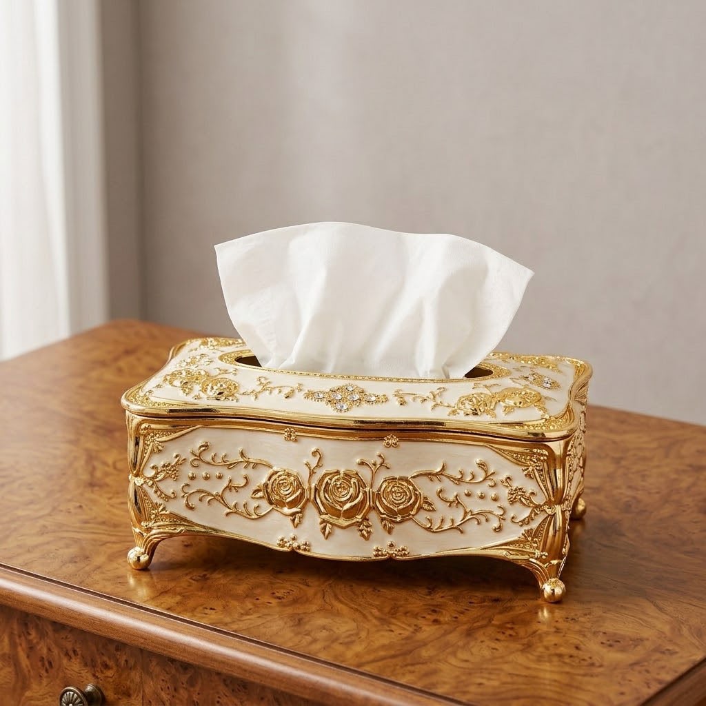 European Style Tissue Paper Box Case-White Golden